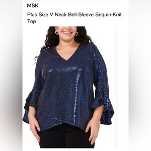 MSK 1X Midnight Blue Sequin Bell-Sleeve Blouse NWT